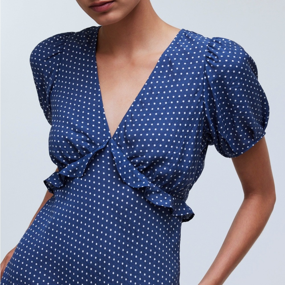 Madewell Polka Dot Babydoll Style Mini Dress Puff Sleeves V-Neck - Picture 2 of 7